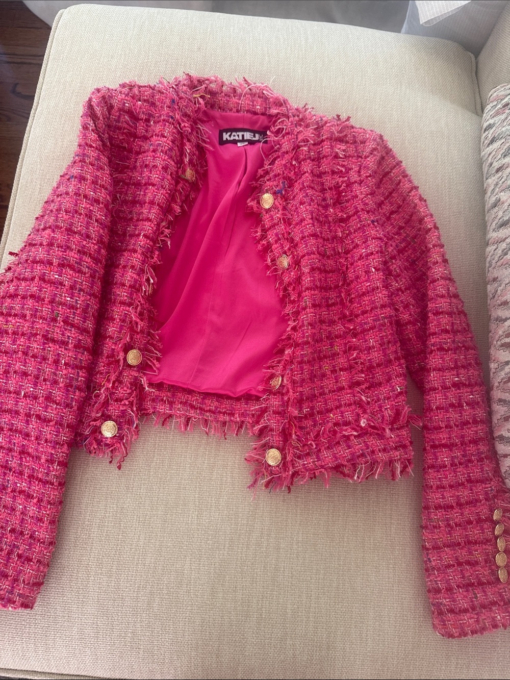 Katie J NYC Hot Pink Tweed Jacket with Gold Buttons